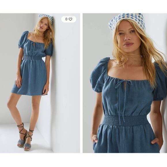 cloth & stone Dresses & Skirts - Cloth & Stone Linen Tie Front Dress M Blue Peasant Mini Pockets Anthro